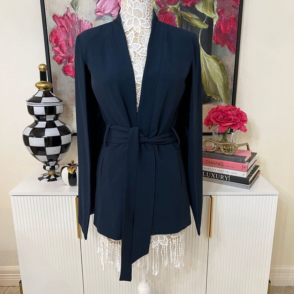 G.I.L.I. Got It Love It Women's Belted Satin Lined Cape Blazer Navy Blue Size 2